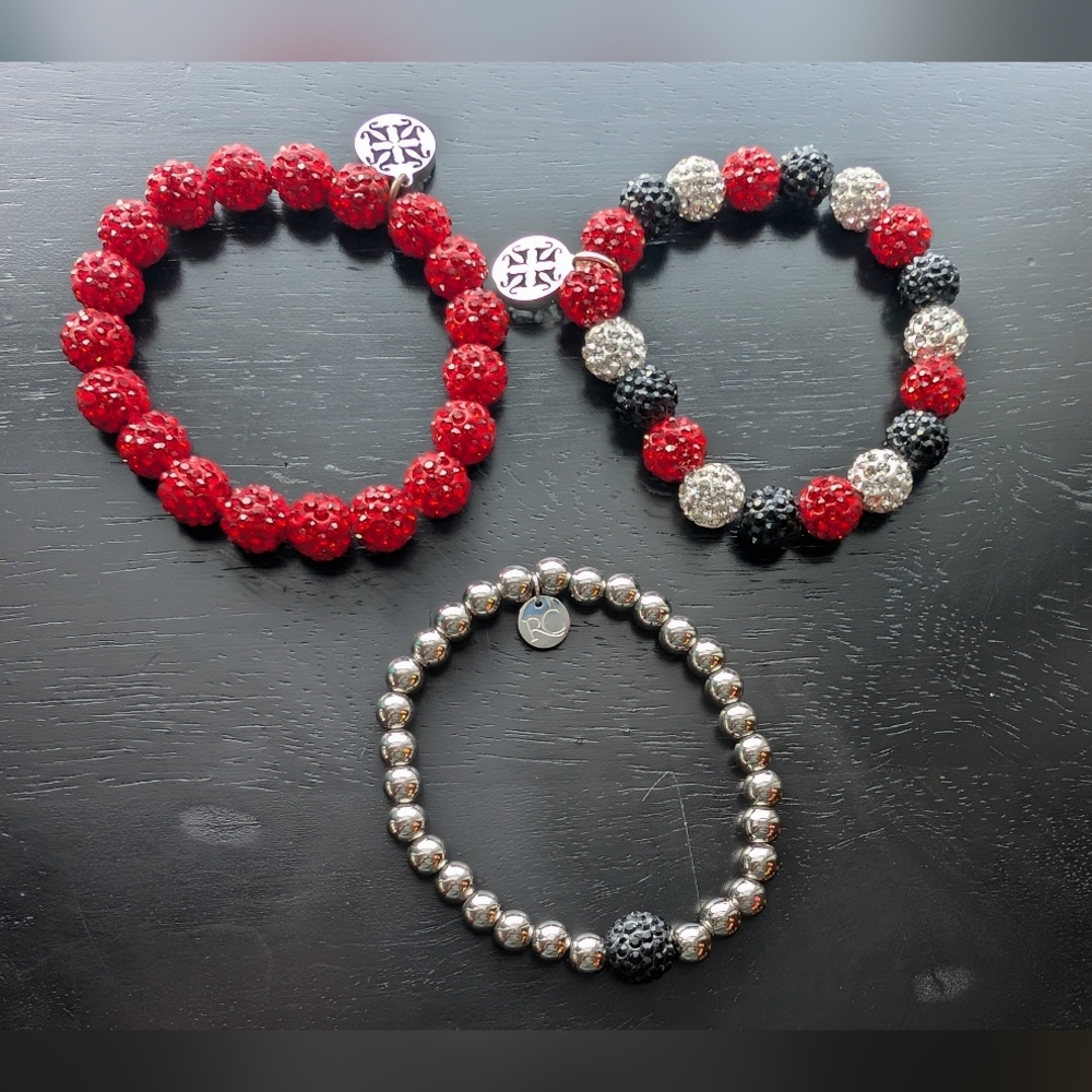 Rustic Cuff Red, Black, and Silver Beaded Bracelets Set Lot Of 3